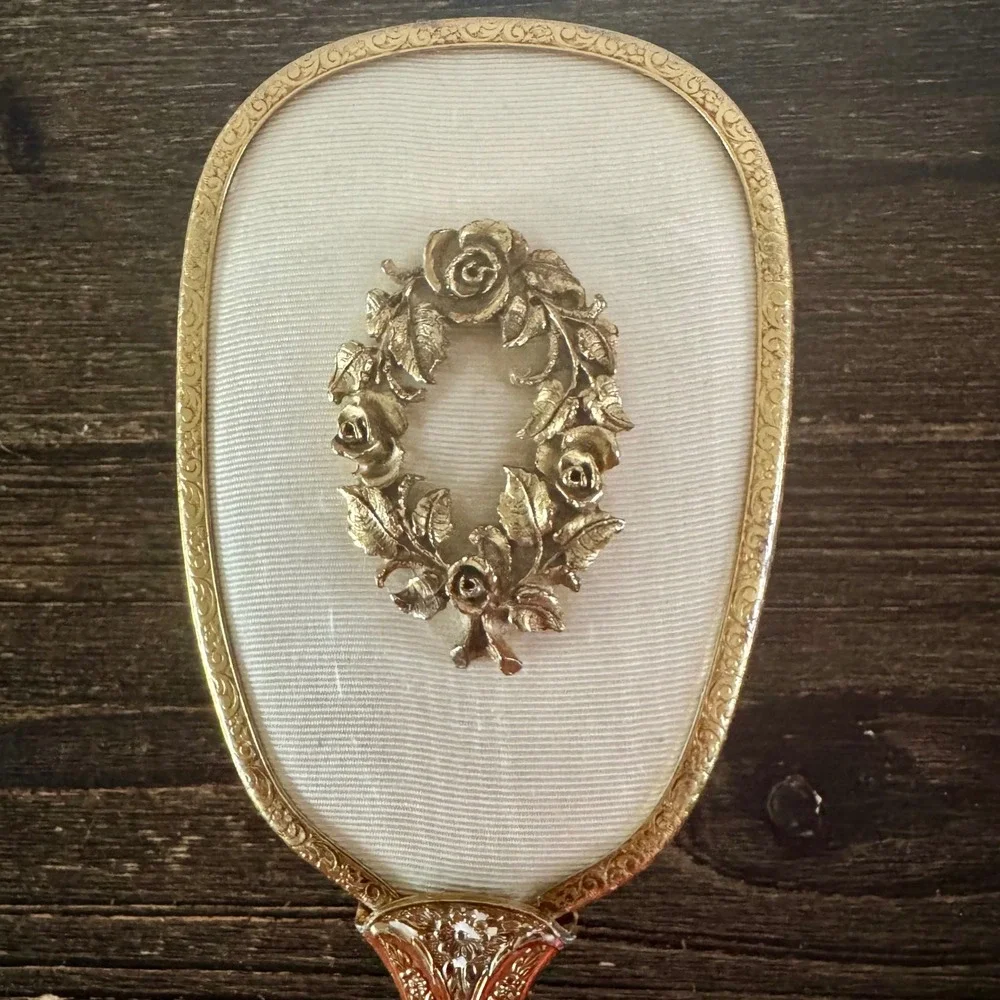 Vintage Gold Floral Hairbrush Rose Wreath Filigree Hollywood Regency Vanity MCM